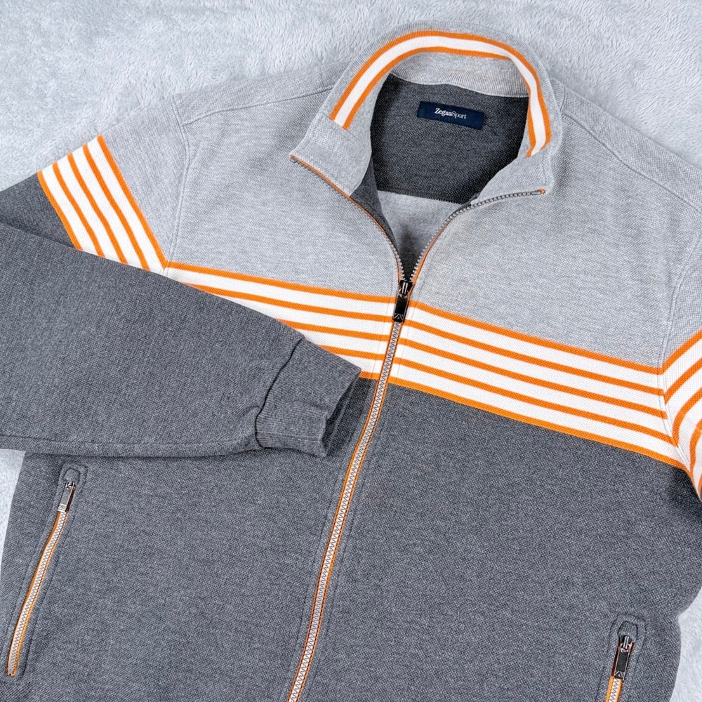 Zegna Sport Full Zip Sweater Mens Large Grey Striped Mock Neck Track Jacket